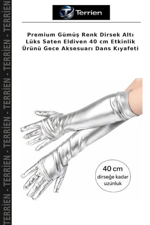 Premium Gümüş Renk Dirsek Altı Lüks Saten Eldiven 40 cm Etkinlik Ürünü Gece Aksesuarı Dans Kıyafeti