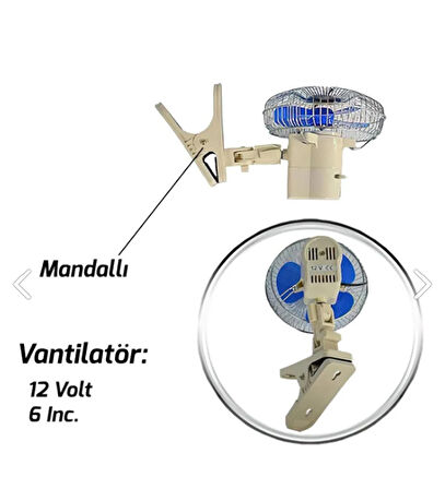 Vantilatör 6'' Mandallı 12 Volt Çakmaklık Girişli Modlu Hızlı Yavaş Devreli Döner Başlıklı