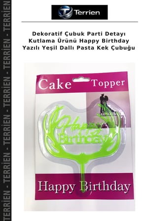 Dekoratif Çubuk Parti Detayı Kutlama Ürünü Happy Birthday Yazılı Yeşil Dallı Pasta Kek Çubuğu