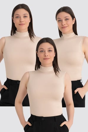 Premium Kadın Ten Balıkçı Yaka Kolsuz Body 3'lü Paket Şehirli Kıyafet Temel