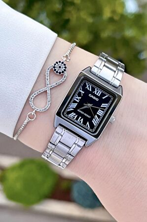 Casio CSISTE43 Kadranı Siyah Kordonu Gümüş Renk Hediye Paketli Kadın Kol Saati ve Bileklik