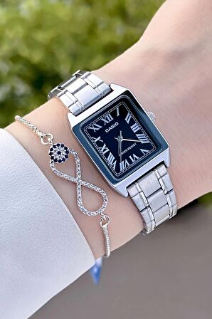 Casio CSISTE43 Kadranı Siyah Kordonu Gümüş Renk Hediye Paketli Kadın Kol Saati ve Bileklik
