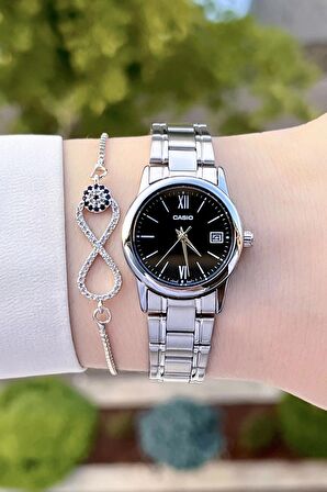 Casio CSISTE69 Kadranı Siyah Kordonu Gümüş Renk Hediye Paketli Kadın Kol Saati ve Bileklik