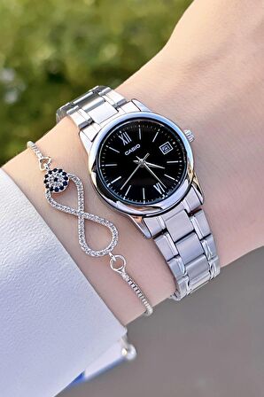 Casio CSISTE69 Kadranı Siyah Kordonu Gümüş Renk Hediye Paketli Kadın Kol Saati ve Bileklik