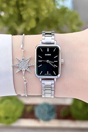 Casio CSISTE72 Kadranı Siyah Kordonu Gümüş Renk Hediye Paketli Kadın Kol Saati ve Bileklik