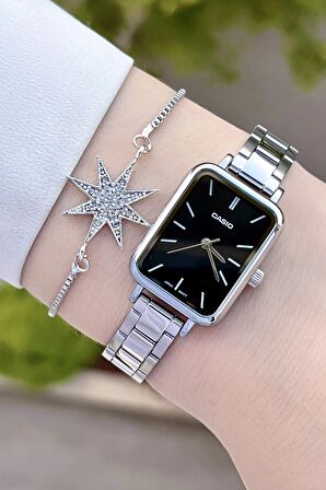 Casio CSISTE72 Kadranı Siyah Kordonu Gümüş Renk Hediye Paketli Kadın Kol Saati ve Bileklik