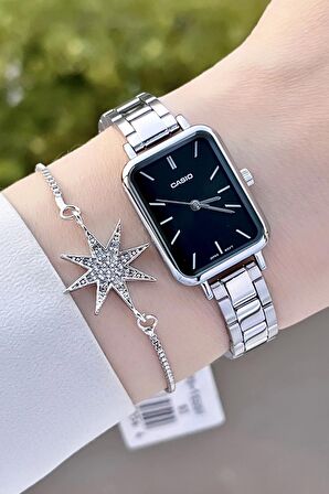 Casio CSISTE72 Kadranı Siyah Kordonu Gümüş Renk Hediye Paketli Kadın Kol Saati ve Bileklik