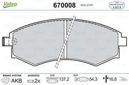 Valeo 670008 Ön Fren Balatası Hyundai Elantra 90-97 Sonata 90-98 Coupe 96-98 Musso 99-04 Korando 99-03 4813005000