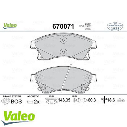 Valeo 670071 Ön Fren Balatası Astra J 1.3CDTI 1.4 1.4T 1.6 12 09-Cruze 1.6 09- 13301207
