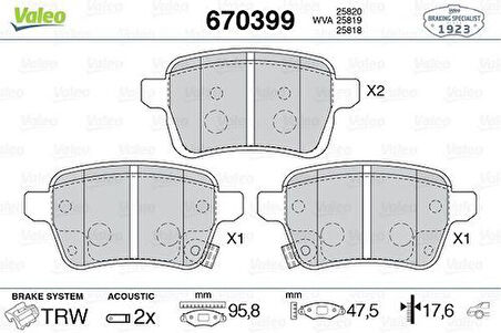 Valeo 670399 Fren Balatası Arka 500L 12> 1.4 1.6D Mjet Egea 16>