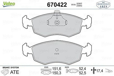 Valeo 670422 Ön Fren Balatası Doblo 00-Palio Weekend 1.2.1.6 16V.1.9D 02 01- 77362180