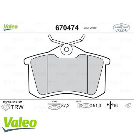 Valeo 670474 Arka Fren Balatası Megane Megane Scenic Fluence C3 207 1.6 1.6 HDI 07- 1343514
