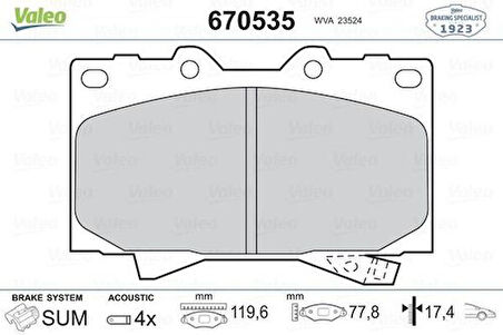 Valeo 670535 Ön Fren Balatası Land Cruiser TD 4.2 4.7 98-08 Lexus 01-07 446560120