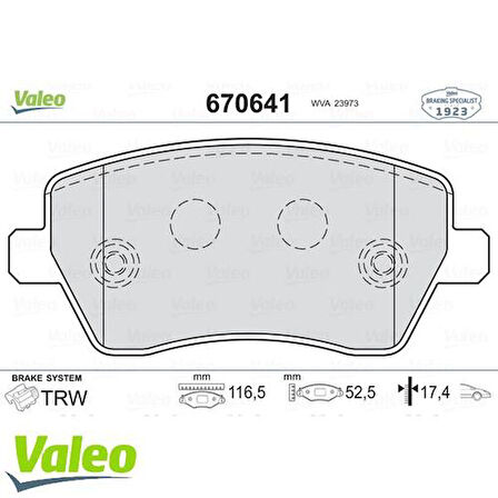 Valeo 670641 Ön Fren Balatası Micra K12 03-Note 06-Clio III 05-Modus 04-Duster 10-Logan 04-Dokker 12-G 116mm Y 52.1mm K 17.4mm 410608481R