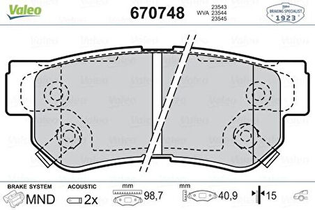 Valeo 670748 Arka Fren Balatası Dısk Elantra 06-10 Getz 02-11 Matrıx Santafe 01-06 Sonata 98-05 Sonata 05-07 Tucson 04-08 Sportage 04-10 Carens 06> Magentıs 04-9