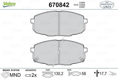 Valeo 670842 Fren Balatası Ön Hyundai I30 07-12 Kia Ceed 07-12 Carens 02-06 130x58x18 K2JA3328ZA