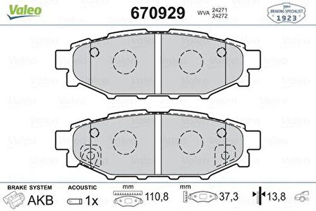Valeo 670929 Arka Fren Balatası Forester 2.0 2.5 09-12 Impreza 08-12 Outback 03-11 Legacy 03-10 26696AG010