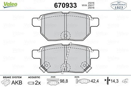 Valeo 670933 Arka Fren Balatası Toyota Corolla Auris 2007-Yaris 1.0 1.3 2005-Verso 2009- 446612130