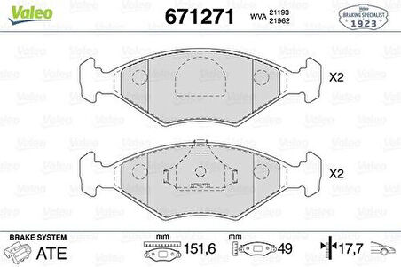 Valeo 671271 Ön Disk Fren Balatası Fiat Elba Csl 1.4 1.6 06 92-08 97 Fiat Fiorino 1.4 1.6 1.7D 01 88-05 01 77362315