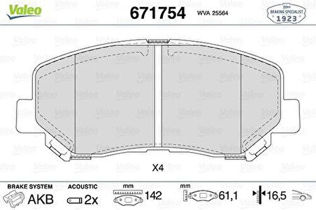 Valeo 671754 Ön Disk Fren Balatası Mazda Cx5 2.0 11 11 Mazda Cx5 2.2D 04 12 Mazda Cx5 2.5 03 13 K0Y13328Z