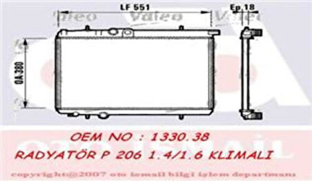 Valeo 732886 Motor Su Radyatörü 206 206 T3E 1.1L 1.4L 1.6 16V 98-Klimalı Ölçü 380x551.3x18 133038 1330.H5