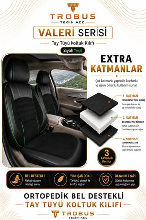 Dacia Logan 2005-2012 Uyumlu Valeria Serisi Siyah Yeşil Bel Destekli Tay Tüyü Koltuk Kılıfı