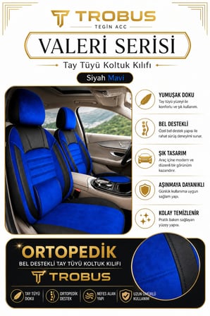 Renault Symbol Joy 2013-2020 Uyumlu Valeria Serisi Mavi Siyah Bel Destekli Tay Tüyü Koltuk Kılıfı