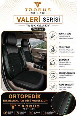 Skoda Octavia 1998-2010 Uyumlu Valeria Serisi Siyah Yeşil Bel Destekli Tay Tüyü Koltuk Kılıfı