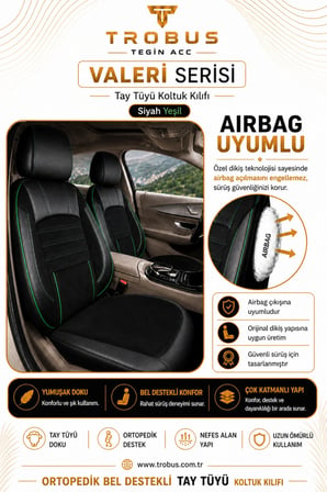 Skoda Octavia 1998-2010 Uyumlu Valeria Serisi Siyah Yeşil Bel Destekli Tay Tüyü Koltuk Kılıfı