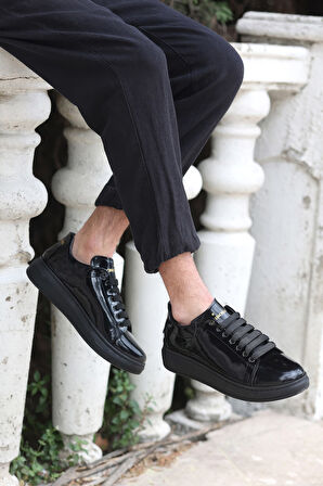 Valendo Siyah Rugan Garantili Erkek Günlük Casual Bağcıklı Tabanlı Sneaker Spor Ayakkabı 