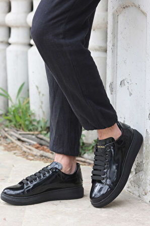 Valendo Siyah Rugan Garantili Erkek Günlük Casual Bağcıklı Tabanlı Sneaker Spor Ayakkabı 