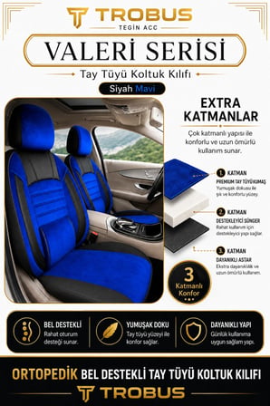Hyundai Kona 2017 Sonrası Uyumlu Valeria Serisi Mavi Siyah Bel Destekli Tay Tüyü Koltuk Kılıfı