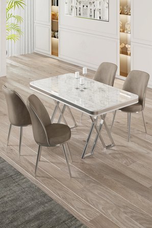 Vals Serisi 80x130 Lak Panel Beyaz Mermer Desen Masa Takımı Krom Ayaklı 4 Cappucino Sandalye