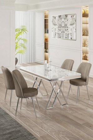 Vals Serisi 80x130 Lak Panel Beyaz Mermer Desen Masa Takımı Krom Ayaklı 4 Cappucino Sandalye