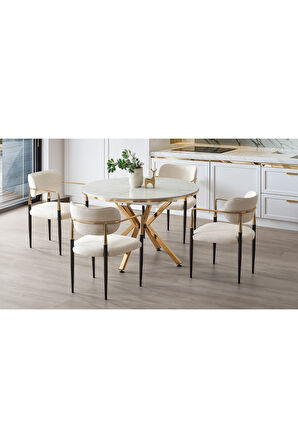 Vellario Metal Kol Detaylı Sandalye 2 Adet – Gold Siyah Metal Ayak, 57 x 57 x 81 cm