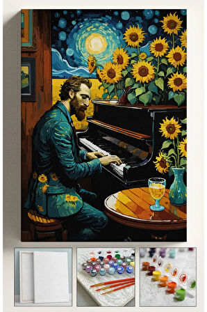 Sayılarla Boyama Tuval Seti Fırça Boya Dahil (Çıtalı) 40x50 CM - Vincent van Gogh Piano