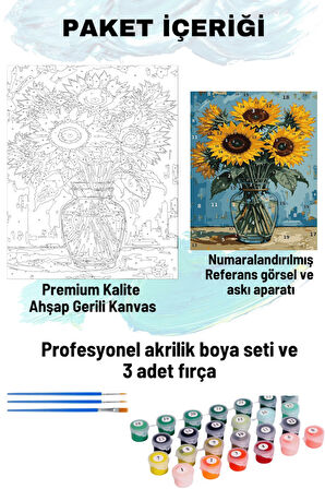Sayılarla Boyama Seti Numaralı Tuval Fırça Boya 40x50 Cm - VAZODA AYÇİÇEĞİ