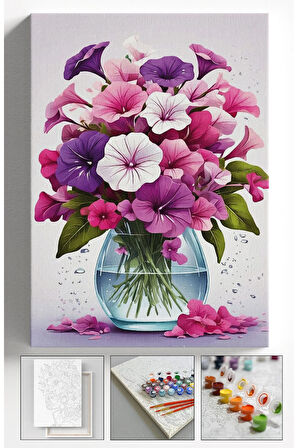 Sayılarla Boyama Hobi Seti Çerçeveli Numaralı Tuval Fırça Boya Dahil Kasnaklı VAZODA ÇİÇEK 40x50 Cm