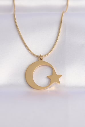 316L Çelik Zincir Gold Renk Ay Yıldız Unisex Kolye - TJ-BKO8699