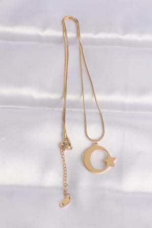 316L Çelik Zincir Gold Renk Ay Yıldız Unisex Kolye - TJ-BKO8699