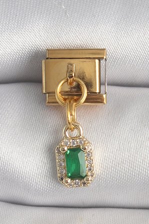 316L Çelik Gold Renk Sallantı Kare Yeşil Zirkon Taşlı Nomination Charm - TJ-BC1352