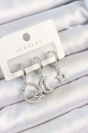 Pirinç Zirkon Taşlı Ay Ve Yıldız Model Gümüş Renk 3'lü Çift Kadın Küpe Set - TJ-BKP10797