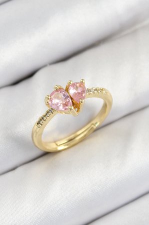 Pirinç Zirkon Taşlı Pembe Kalp Model Gold Renk Kadın Yüzük - TJ-BYK3802