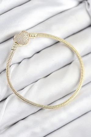 Pirinç Charm Zirkon Taşlı Kalp Model Gold Renk Kadın Bileklik - TJ-BB7809