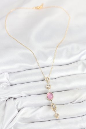 Pirinç Zincir Pembe Gold Renk Zirkon Taşlı Y Kolye - TJ-BKO10554