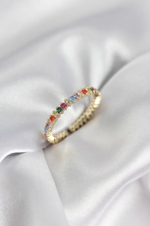 Sıralı Karışık Renkli Gold Renk Zirkon Taşlı Kadın Yüzük - TJ-BYK3928