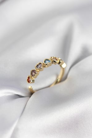 Gold Renk Kalp Model Renkli Zirkon Taşlı Kadın Yüzük - TJ-BYK3963