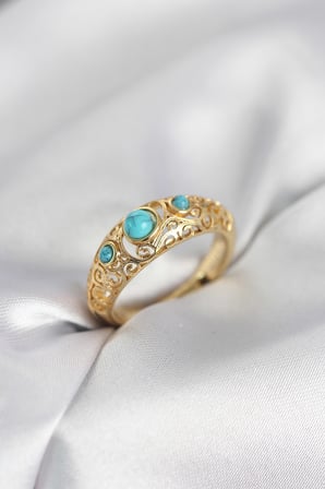 Vintage Model Mavi Taşlı Gold Renk Kadın Yüzük - TJ-BYK4149