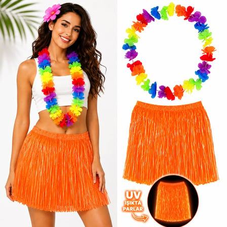 Neon Turuncu Hawaii Etek 40 cm ve Rengarenk Hawaii Kolye