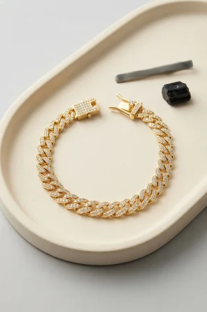 Gold Renk Zirkon Taşlı Cuban Zincir Model Klips Kapamalı Erkek Bileklik TJ-EB3819